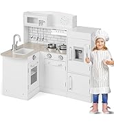 GYMAX Kids Toy Kitchen, Wooden Corner Play Kitchen with Lights, Sounds, Washing Machine, Range Ho...