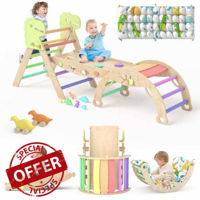 Pikler Triangle Set with Cushion 9 in 1 Climbing Toys for Toddlers 1-3 Indoor Baby Climbing Gym Toddler Montessori Toys Wooden Climbing Toys with Maze Toys