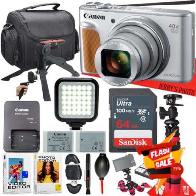 Canon PowerShot SX740 HS Digital Camera (Silver) + 64GB Memory + LED Light + Extra Battery + PC Software + Spider Tripod + More (16pc Bundle) (Renewed)