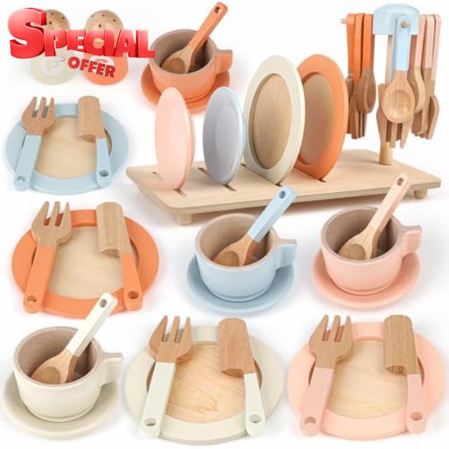 Wooden Tea Set for Toddlers Toy Kitchen Accessories 27 PCS Kids Pots Pans Playset Wooden Play Food for Toddlers Baby Montessori Toys for 1 2 3+ year old