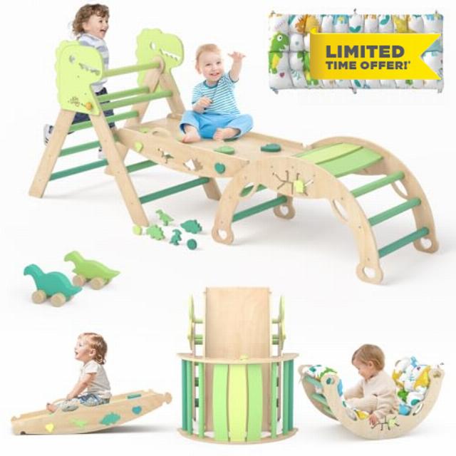 Pikler Triangle Set with Cushion 9 in 1 Climbing Toys for Toddlers 1-3 Indoor Baby Climbing Gym Toddler Montessori Toys Wooden Climbing Toys with Maze Toys