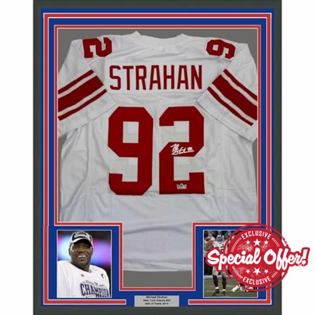 Framed Facsimile Autographed Michael Strahan 35x39 New York White Reprint Laser Auto Football Jersey