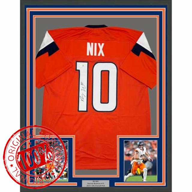 Framed Autographed/Signed Bo Nix 35x39 Denver Orange Football Jersey Beckett BAS COA
