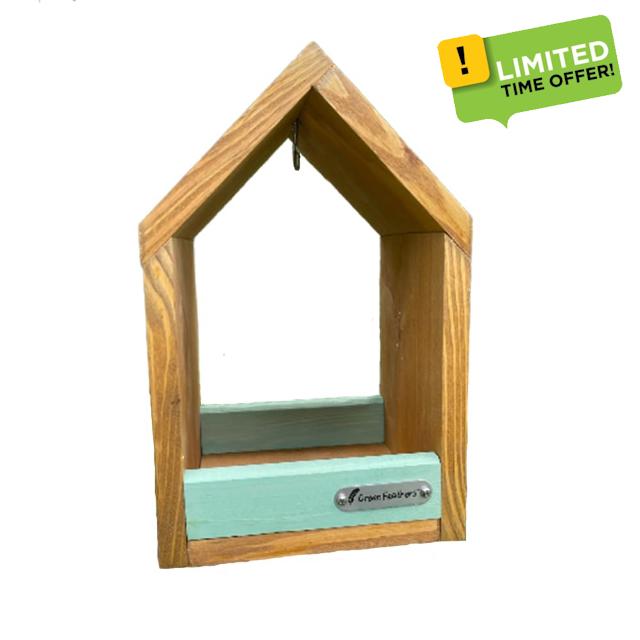Green Feathers Small Wooden Hanging Bird Feeder