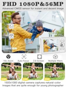 56MP FHD 1080P Camera for Kids with 16x Zoom Anti Shake