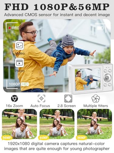 56MP FHD 1080P Camera for Kids with 16x Zoom Anti Shake