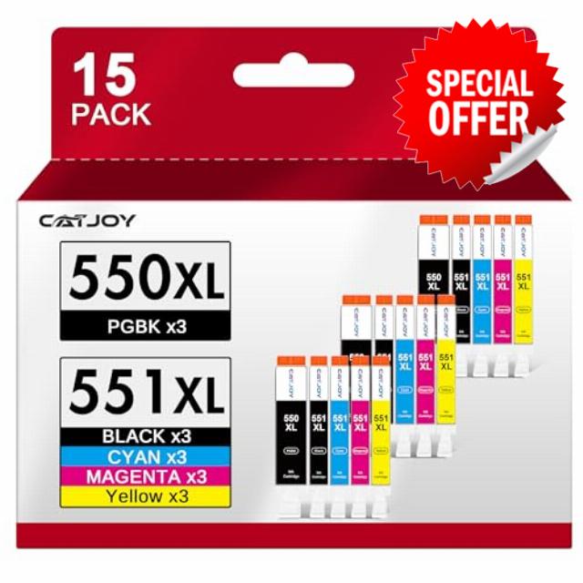 CATJOY 550 551XL Ink Cartridges Replacement for Canon PGI-550XL CLI-551XL for Canon Pixma ix6850 IP8750 MX925 MG5550 MG5650 MG6450 MG6650 MG7150 MG7500 MG7550 (15-Pack)