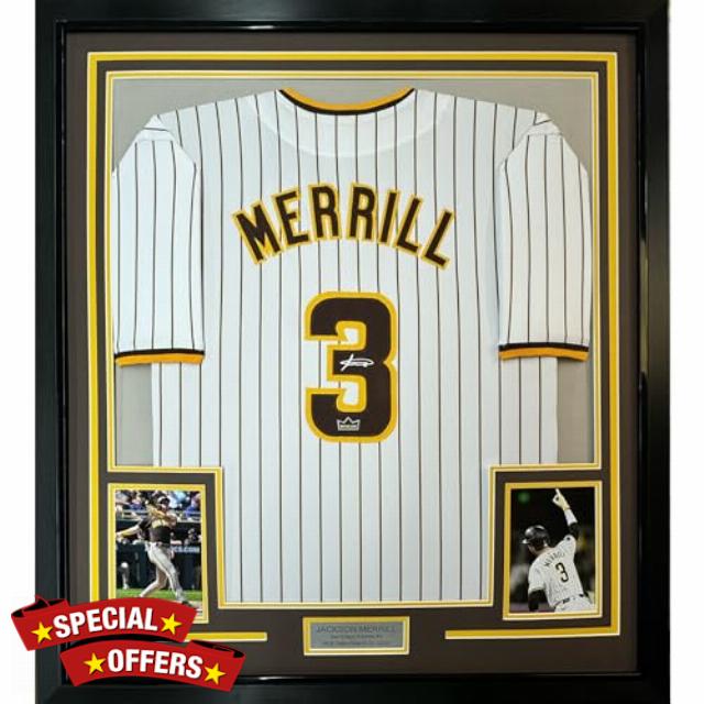 Framed Facsimile Autographed Jackson Merrill 35x39 San Diego Pinstripe Reprint Laser Auto Baseball Jersey