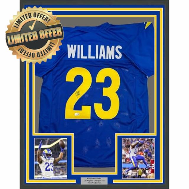 Framed Autographed/Signed Kyren Williams 35x39 Los Angeles LA Blue Football Jersey Beckett BAS COA #2