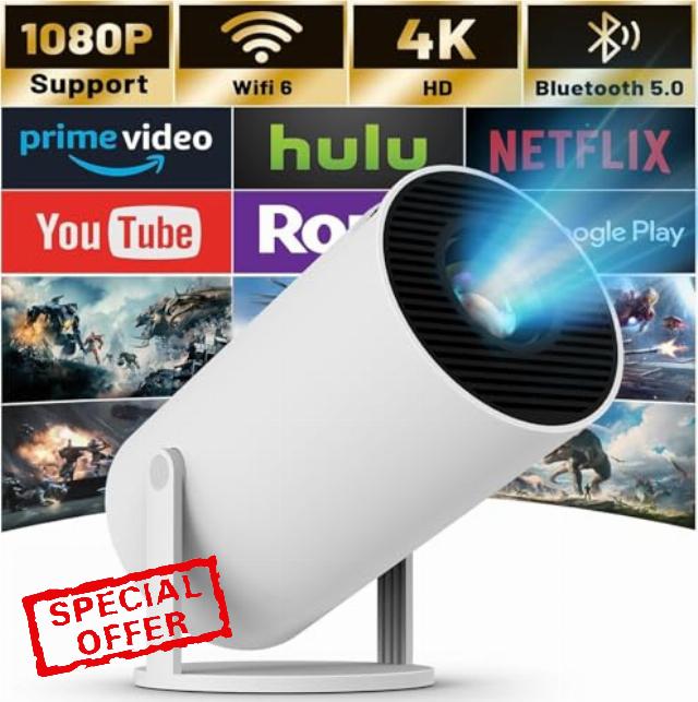 Smart Mini Projector WiFi6 Bluetooth 5.0 - Portable Projector 12000 Lumen Support 4K with Android TV 11.0