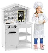 GYMAX Kids Play Kitchen, Wooden Kitchen Playset with Curtains, Stoves, Sink, Oven, Water Dispense...