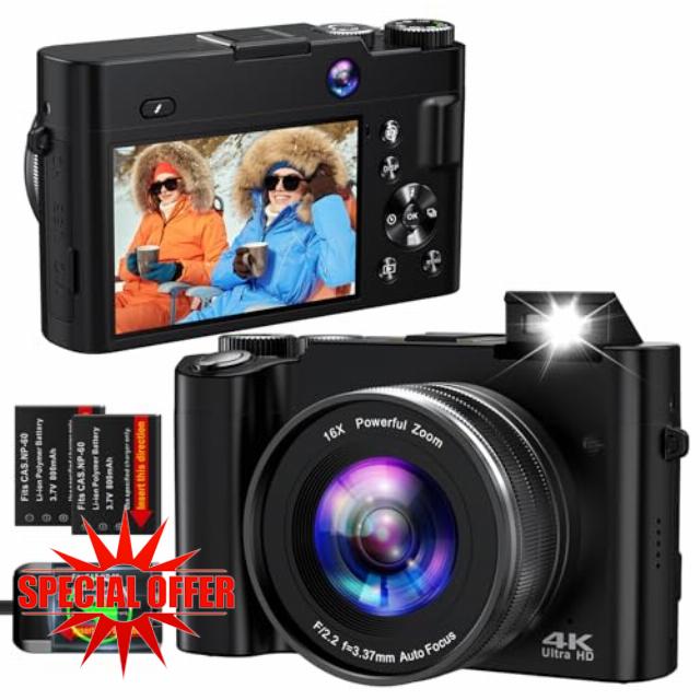 4K Digital Camera for Photography Autofocus 64MP Vlogging Camera for YouTube with Dual Cameras 16X Digital Zoom 4K Compact Travel Video Camera with 32GB SD Card