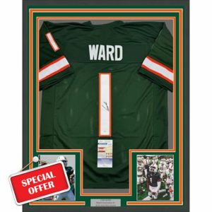 Framed Autographed/Signed Cameron Cam Ward 35x39 Miami Green College Football Jersey JSA COA