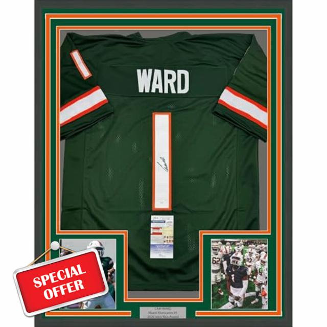 Framed Autographed/Signed Cameron Cam Ward 35x39 Miami Green College Football Jersey JSA COA