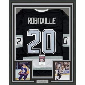 Framed Autographed/Signed Luc Robitaille HOF 09 35x39 Los Angeles LA Black Hockey Jersey JSA COA