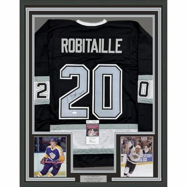 Framed Autographed/Signed Luc Robitaille HOF 09 35x39 Los Angeles LA Black Hockey Jersey JSA COA