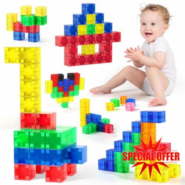 GAGAKU 64PCS Magnetic Blocks Cubes for 3 4 5 6 7 8 Years - 2.3 CM Translucent Magnetic Cubes Magnetic Blocks Magnet Building Blocks Preschool STEM Educational Construction Toys Gif