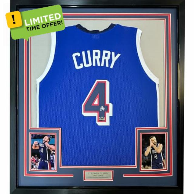 Framed Facsimile Autographed Stephen Steph Curry 35x39 2024 United States Team USA Blue Reprint Laser Auto Basketball Jersey