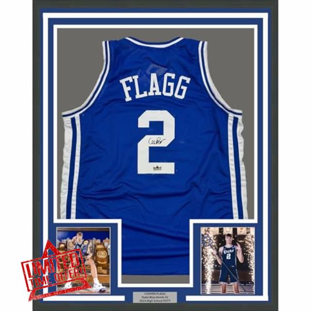 Framed Facsimile Autographed Cooper Flagg 35x39 Duke Blue Reprint Laser Auto College Basketball Jersey