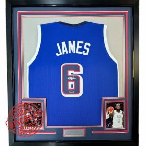Framed Facsimile Autographed LeBron James 35x39 2024 United States Team USA Blue Reprint Laser Auto Basketball Jersey