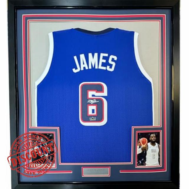 Framed Facsimile Autographed LeBron James 35x39 2024 United States Team USA Blue Reprint Laser Auto Basketball Jersey