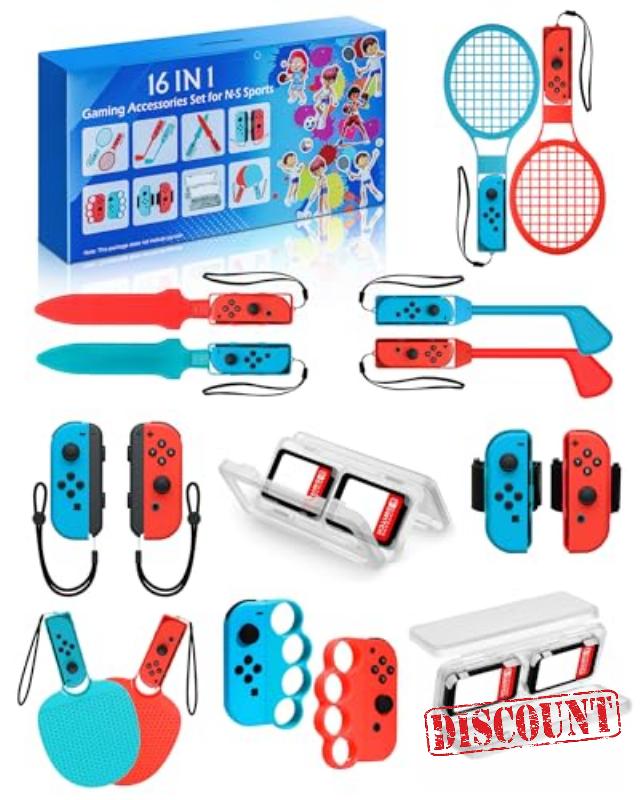 16in1 Switch Sports Accessories for Nintendo Games: Family Switch Games Accessories Bundle Set Kit for Nintendo Switch/OLED Sports Games (16in1)