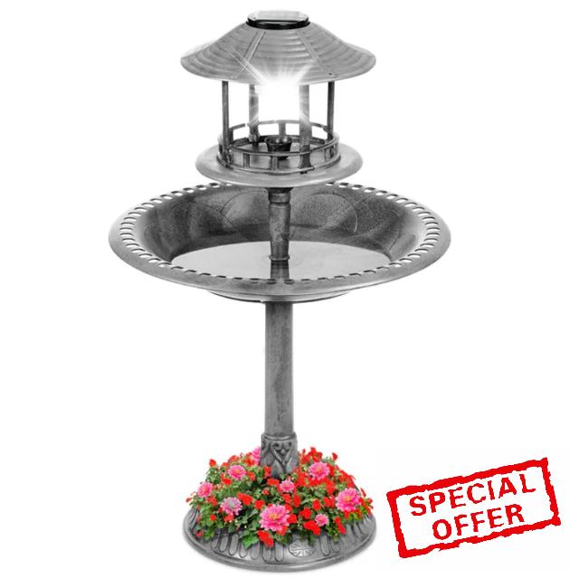 Gr8 Garden Grey Plastic Pedestal Free Standing Wild Bird Bath Outdoor Garden Feeder Feeding Table Station Plant Flower Planter Statue Ornament With Solar Power Lamp Ligh