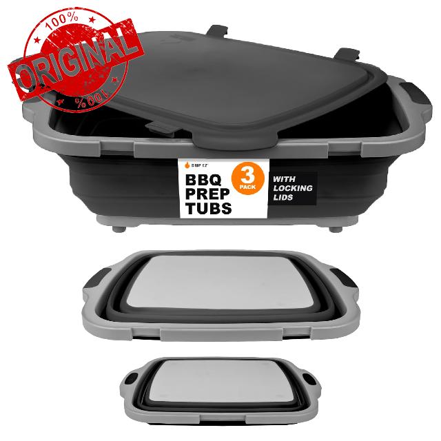 Drip EZ Collapsible BBQ Prep Tubs 3-Piece Set (V2) - For Meal Prep Marinating Food Storage - Includes Cutting Board & Lid - (1) JR + (1) OG + (1) XL - Black