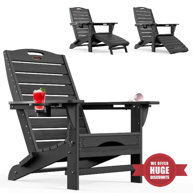 Ciokea Folding Adirondack Chair with Retractable Ottoman Fire Pit Patio Chair with Pull Out Foot Rest Weather Resistant Lawn Outdoor Lounge Chair with 2 Cup Holder (Black)