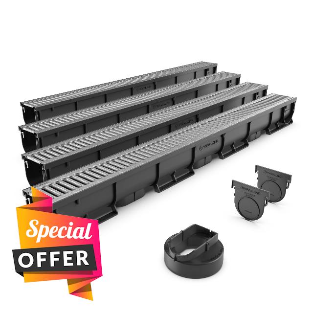 Vodaland EASY 1 Slim Plastic channel drain kit with galvanised steel grating - load class A15 (4 Pack)