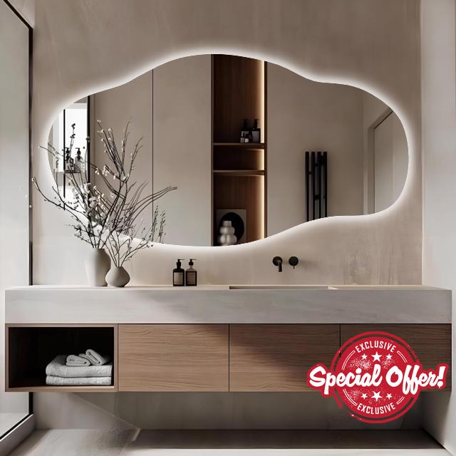LED Wall Mirror - Asymmetrical Light Up Mirror - Frameless Irregular Vanity Wavy Mirror with Light for Bathroom Bedroom Living Room (Cool Light