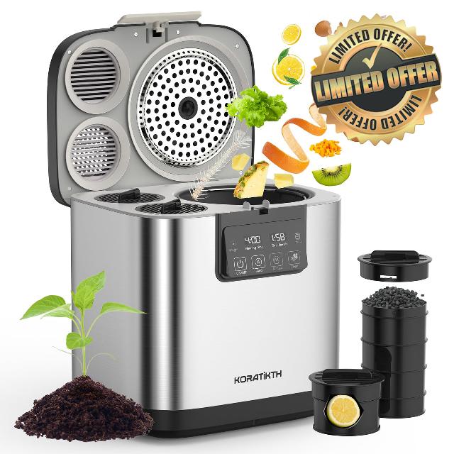 4L Electric Composter for Kitchen: Indoor Smart Quick Composting Machine with LED Timer Display