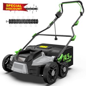 16-Inch 15.5 Amp 2-in-1 Electric Dethatcher and Scarifier with 14.5-Gallon Removable Thatch Collection Bag