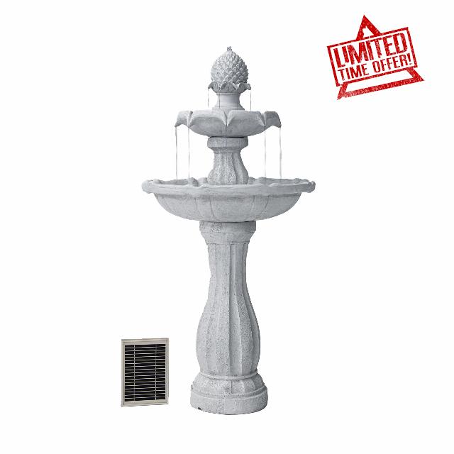 XBrand 44" H Fiberglass/Resin 2-Tier Solar Water Fountain w/Solar Panel and Auto-Shut Off Pump