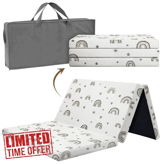 Trifold Travel Baby Mattress Topper 95 x 65cm – Soft & Breathable Portable Foam Crib Mattress for Travel