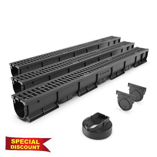 Vodaland EASY 1 Slim Plastic channel drain kit with plastic grating - load class A15 (3 Pack)