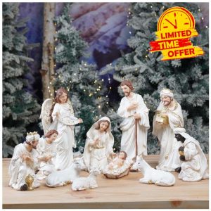 Zayton Nativity Set Christmas Indoor 11 Pcs 8.25 Inch Scene Statue Figurines Jesus Manger Crib Ornament Church Xmas Home Catholic Religious Decoration