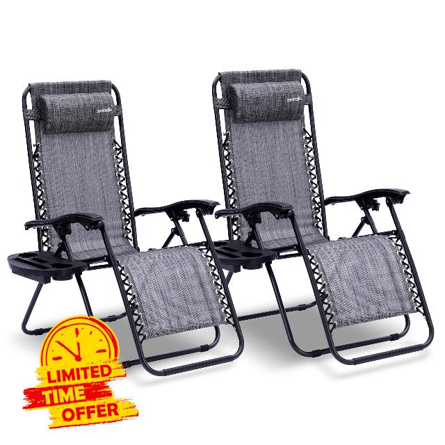 SereneLife SLZGHGRY87.5 Outdoor Adjustable Zero Gravity Lounge Chair Recliners with Plastic Cup Holder Side Table and Padded Headrest Pillows