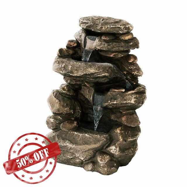Xbrand 26.4" H Polystone/Stone Powder Classic Stacked Rock Waterfall Fountain with LED Lights and Pump