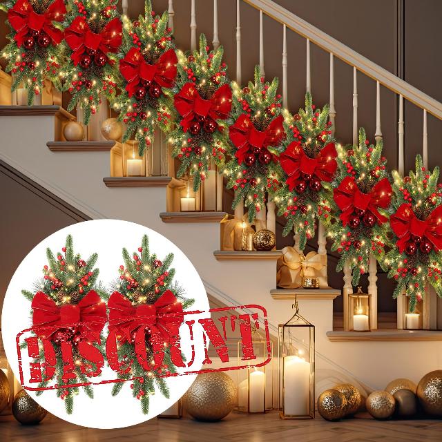 Lyrow 8 Pcs Christmas Artificial Swags 24" Xmas The Cordless Prelit Stairway Swag Teardrop Trim Wreath Door Stair Swag Garland Christmas Swags for Outdoor Home Garden Decor(Red