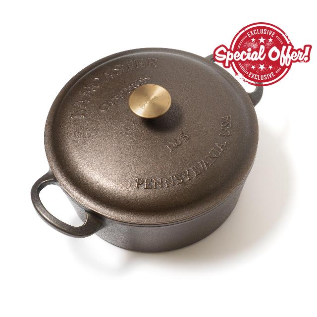Lancaster Cast Iron 5 Qt. Dutch Oven - Made in the USA - Smooth cooking surface - Self Basting Lid with a solid Brass Knob