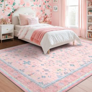 Boho Pink Rug for Girls Bedroom - 8x10 Non-slip Kid Rug for Bedroom and Living Room