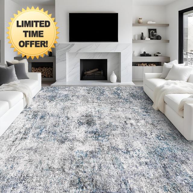 Abstract 9x12 Washable Rug: Modern Ultra Non Slip Area Rug Soft Carpet Foldable Distressed Stain Resistant Neutral Rugs for Living Room Bedroom Decor Large Indoor Farmhouse Rug 9'x12' Blue Gray