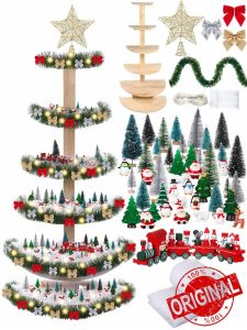103 Pcs 6 Tier 59 in Christmas Tree Village Semicircular Display Stand Supplies Sets Ornament Tree Shelf Wooden with Christmas Village Accessories Sets for Holiday Xmas Decoration