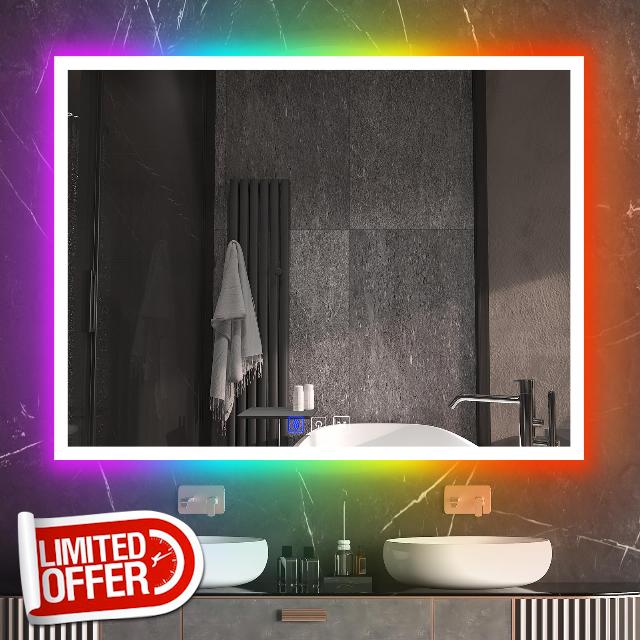 33“x25” Led Bathroom Mirror - 3 Front Lit + 6 RGB Backlit Bathroom Mirror with Lights,Anti-Fog,Shatterproof,Stepless Dimmable,Led Touch Mirror for Bathroom Vanity Wall,Horizontal/Vertical (33IN*25IN)