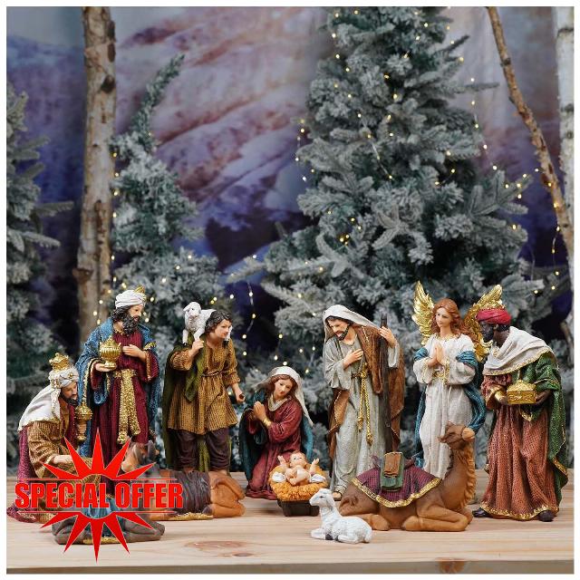 Zayton Nativity Set Christmas Indoor 12 Pcs 12 Inch Scene Statue Figurines Jesus Manger Crib Ornament Church Xmas Home Catholic Religious Decoration