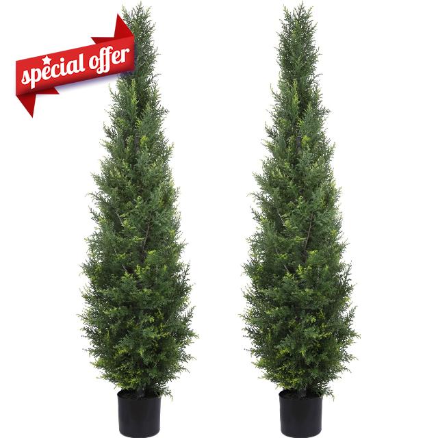 Artificial Cedar Topiary Trees 5FT Potted Fake Cypress Trees Faux Evergreen Plants for Home Porch Garden Decor Set of 2