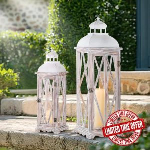 Extra Large Wooden Lanterns Decorative Set of 2: Farmhouse Candle Holder for Outdoor Garden Porch Patio Yard Indoor Fireplace Mantle