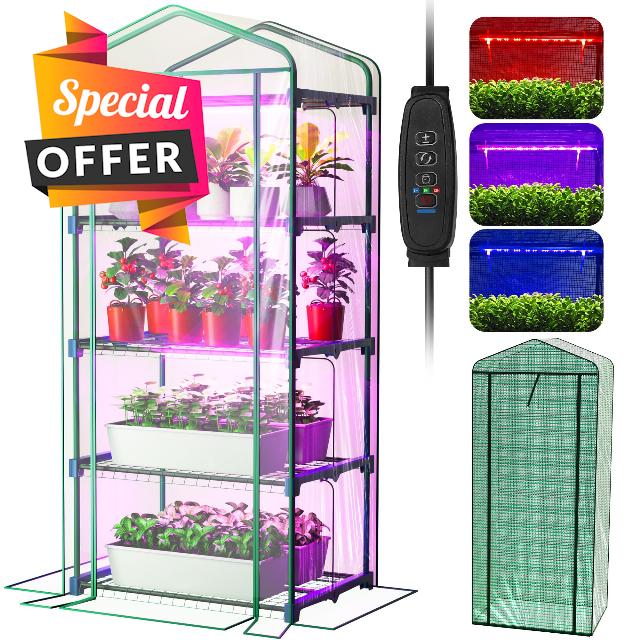 PYY Mini Indoor Greenhouse with Grow Light - Small Portable Outdoor Plant Green House Cabinet with 4 Dimmable 3 Color 2FT 36W LED Kit
