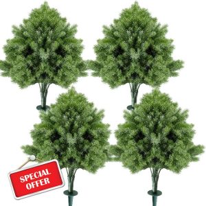 4 Pack Artificial Cedar Topiary Ball with Spike 24" Outdoor Christmas Pine Bush with Snow UV Resistant Winter Cypress Potted Evergreen Faux Shrub for Outdoor Garden Porch Yard Decor